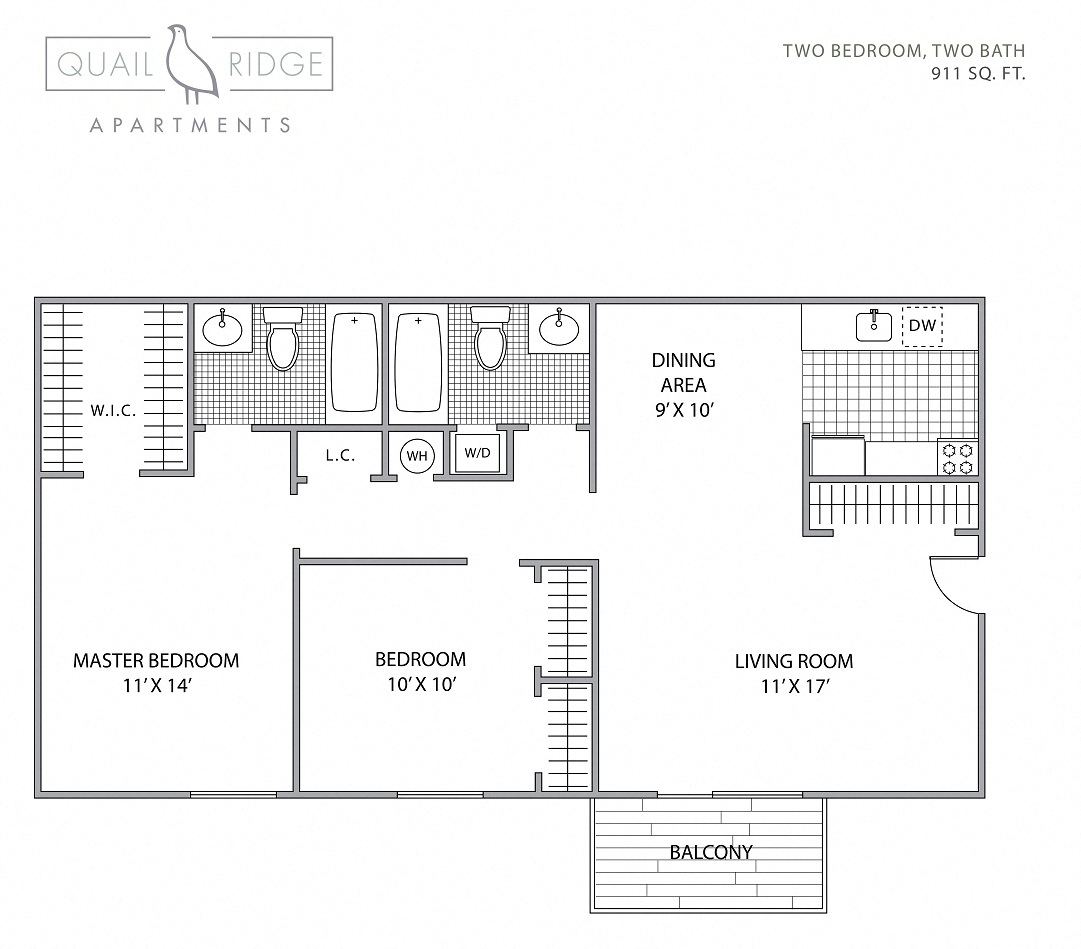 Floor plan for 2 beds, 2 baths, 911 sqft